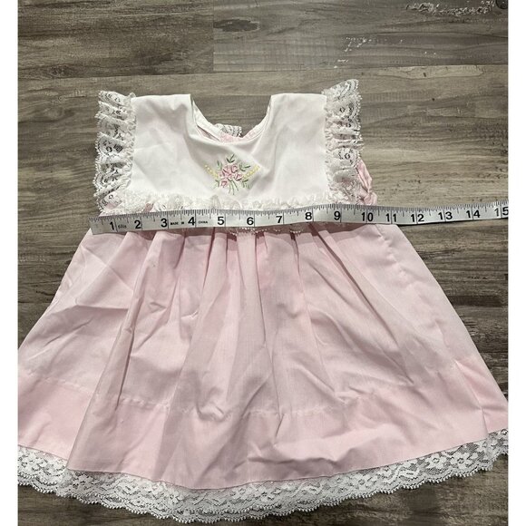 Vintage Girl's Dress 6 Months Party Floral Pink White Bib Lace Trim Flower 90s - Picture 6 of 7